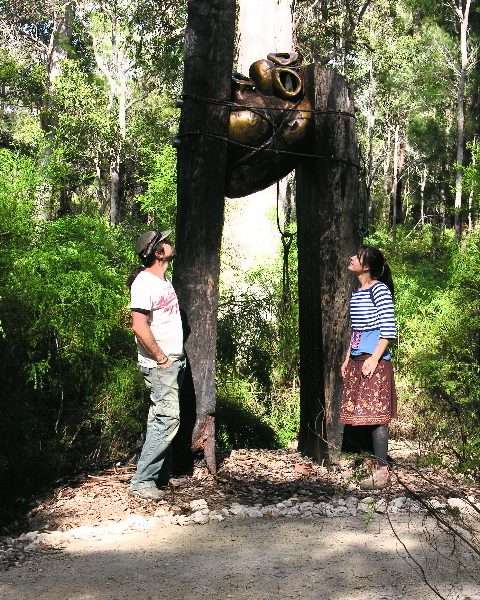 Alex and Nic Mickle in front of their artwork ‘ Bound’ on the Understory Art & Nature Trail in Northcliffe 2006 - Southern Forest Arts