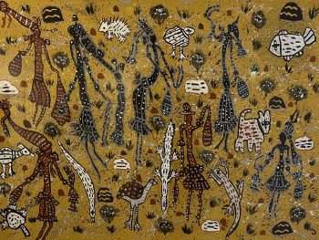 Betty Bundamurra, Hunting for the Animals (detail), 2022, natural pigment on paper, 57x76cm, courtesy Waringarri Aboriginal Arts.