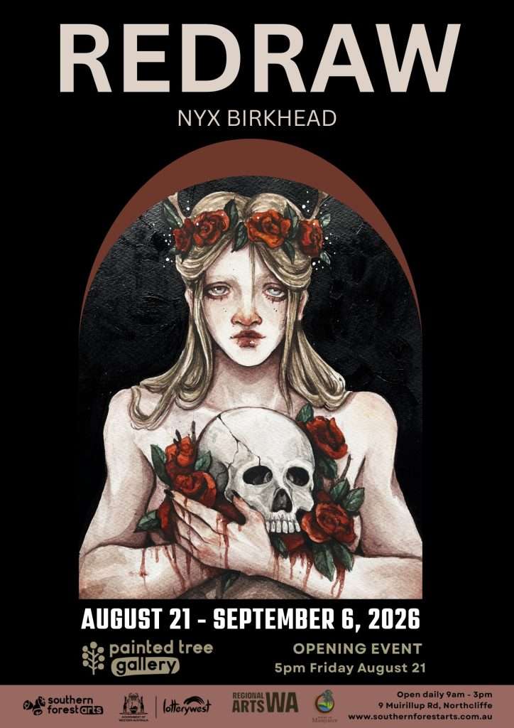 Redraw - exhibition by Nyx Birkhead, Painted Tree Gallery, Northcliffe - A4 poster