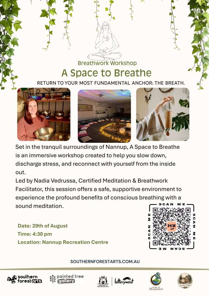 To optimize this image for WordPress and Yoast SEO, fill in the media details as follows:
File Name (Rename before uploading): a-space-to-breathe-breathwork-workshop-nannup.jpg
Alt Text: Poster for A Space to Breathe Breathwork Workshop and Sound Meditation in Nannup led by Nadia Vedrussa at Nannup Recreation Centre on August 29th.